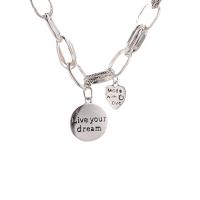 Brass Necklace Flat Round silver color plated with letter pattern & for woman nickel lead & cadmium free 17mm Length Approx 20.4 Inch Sold By PC