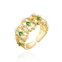 Messing Manschette Fingerring, mit Kunststoff Perlen, goldfarben plattiert, Einstellbar & Micro pave Zirkonia & für Frau, 18mm, Bohrung:ca. 1.5mm, verkauft von PC