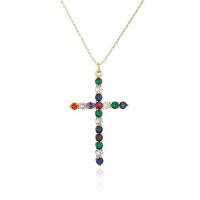 Cubic Zircon Micro Pave Brass Necklace, Cross, gold color plated, micro pave cubic zirconia & for woman, multi-colored, 35x60mm, Length:Approx 17.71 Inch, Sold By PC