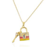 Cubic Zircon Micro Pave Brass Necklace, Lock and Key, gold color plated, micro pave cubic zirconia & for woman & enamel, more colors for choice, 13x27mm, Length:Approx 17.71 Inch, Sold By PC