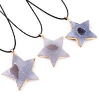Druzy Necklace Ice Quartz Agate with leather cord & Brass Star gold color plated druzy style & Unisex grey 42-46mm Length Approx 17.72 Inch Sold By PC