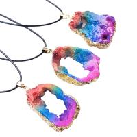 Quartz Necklace, Rainbow Quartz, with leather cord & Brass, irregular, gold color plated, druzy style & Unisex & hollow, multi-colored, 30-50mm, Length:Approx 17.72 Inch, Sold By PC