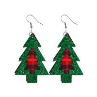 Christmas Earrings PU Leather with Zinc Alloy Christmas Tree silver color plated Christmas Design Sold By Pair