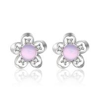 925 Sterling Silver Stud Earrings with Lampwork Flower platinum color plated micro pave cubic zirconia & for woman Sold By Pair