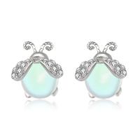 925 Sterling Silver Stud Earrings, with Sea Opal, Insect, platinum color plated, micro pave cubic zirconia & for woman, 8x10mm, Sold By Pair