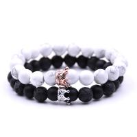 Natural Balck Lava & Howlite Stretch Bracelets with Crown Brass Charms with Elastic Thread plated & Unisex & adjustable & micro pave cubic zirconia Approx 7.5 Inch