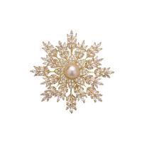 Cubic Zirconia Brooch, Brass, with Freshwater Pearl, Snowflake, gold color plated, micro pave cubic zirconia & for woman, nickel, lead & cadmium free, 53.50x53.20mm, Sold By PC