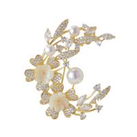 Cubic Zirconia Brooch Brass with Shell Pearl gold color plated micro pave cubic zirconia & for woman nickel lead & cadmium free Sold By PC