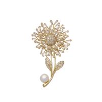 Cubic Zirconia Brooch, Brass, with Plastic Pearl, Sunflower, gold color plated, micro pave cubic zirconia & for woman, more colors for choice, nickel, lead & cadmium free, 61.70x36.40mm, Sold By PC