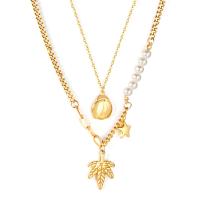 Edelstahl Schmuck Halskette, mit Kunststoff Perlen, mit Verlängerungskettchen von 1.97inch, goldfarben plattiert, Doppelschicht & für Frau, Länge:ca. 19.69 ZollInch, verkauft von PC