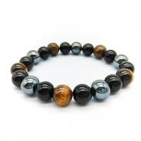 Gemstone Bracelets, Tiger Eye, with Black Stone & Hematite, Round, elastic & Unisex & different size for choice, mixed colors, Length:Approx 7.48 Inch, Sold By PC