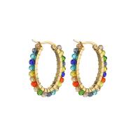 Titanium Steel  Earring, with Glass Beads, gold color plated, fashion jewelry, more colors for choice, 24.50x30.90mm, Sold By Pair