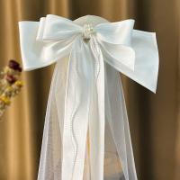 Cloth Bowkont Hair Clip, with Gauze & Plastic Pearl, handmade, for bridal, white, 320x720mm, Sold By PC