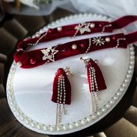 Jewelry Sets, Headband & earring, Cloth, with Tibetan Style, handmade, for bridal & with rhinestone, red, 142*40CM ; 3*10CM, Sold By Set