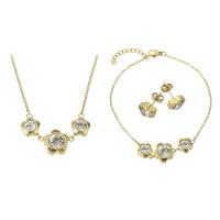Fashion Stainless Steel Jewelry Sets, Stud Earring & bracelet & necklace, gold color plated, micro pave cubic zirconia & for woman, Length:Approx 20 Inch, Approx 10 Inch, Sold By Set