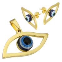 Parures de bijoux en acier inoxydable, Boucle d’oreille stud & pendentif, avec résine, Placage de couleur d'or, pour femme & creux, 29*15mm,23*10mm, Vendu par fixé
