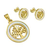 Fashion Stainless Steel Jewelry Sets, Stud Earring & pendant, with Shell, gold color plated, for woman & hollow, 18*21mm,13*13mm, Sold By Set