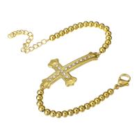 Bijoux bracelet en acier inoxydable, croix, Placage de couleur d'or, pavé de micro zircon & pour femme, 40*22mm,4mm, Longueur:Environ 8.5 pouce, Vendu par PC