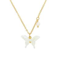 Shell Necklaces, 316 Stainless Steel, with Freshwater Shell & Freshwater Pearl, with 1.96inch extender chain, Butterfly, real gold plated, oval chain & for woman, 19x14mm, Length:Approx 15.7 Inch, Sold By PC