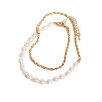 Natural Freshwater Pearl Necklace with Stainless Steel with 1.96inch extender chain gold color plated French Rope Chain & for woman Length Approx 15.7 Inch Sold By PC