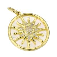 Cubic Zirconia Micro Pave Brass Pendant with Shell Flat Round gold color plated micro pave cubic zirconia & hollow Approx 4mm Sold By PC