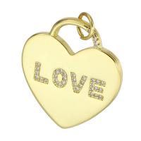 Cubic Zirconia Micro Pave Brass Pendant, Heart, gold color plated, micro pave cubic zirconia, 25x28x2mm, Hole:Approx 4mm, Sold By PC