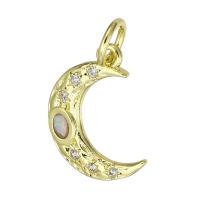 Cubic Zirconia Micro Pave Brass Pendant, Moon, gold color plated, micro pave cubic zirconia, 11x14x1.50mm, Hole:Approx 3mm, Sold By PC