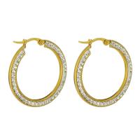 Stainless Steel Hoop Earring, gold color plated, for woman & with rhinestone, 32*36mm, Sold By Pair