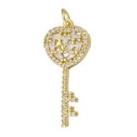 Cubic Zirconia Micro Pave Brass Pendant, Key, gold color plated, DIY & micro pave cubic zirconia, golden, 13x26x2.50mm, Hole:Approx 3mm, 10PCs/Lot, Sold By Lot