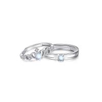 Couple Finger Rings 925 Sterling Silver with Moonstone platinum color plated Adjustable & micro pave cubic zirconia Sold By PC