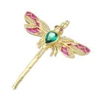 Cubic Zirconia Micro Pave Brass Pendant, Dragonfly, gold color plated, DIY & micro pave cubic zirconia & enamel, pink, 40x42.50x7mm, Hole:Approx 2mm, 10PCs/Lot, Sold By Lot