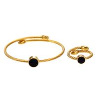 Titantium acciaio set di gioielli fashion, braccialetto & anello dito, with nero conchglia, placcato color oro, 2 pezzi & gioielli di moda, dorato, Venduto da set