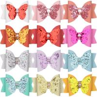 PU Leather Alligator Hair Clip, with Sequins & Plastic & Plastic Pearl & Iron, Bowknot, silver color plated, for children, more colors for choice, 76.20x50.80mm, Sold By PC