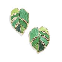 Tibetan Style Stud Earring, Tibetan Style post pin, Leaf, gold color plated, for woman & enamel, green, nickel, lead & cadmium free, 26x34mm, Sold By Pair