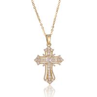 Cubic Zircon Micro Pave Brass Necklace with 1.96inch extender chain Cross gold color plated oval chain & micro pave cubic zirconia & for woman nickel lead & cadmium free Length Approx 15.7 Inch Sold By PC