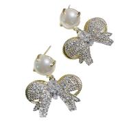 Cubic Zirconia Micro Pave Brass Earring, with Plastic Pearl, Bowknot, plated, micro pave cubic zirconia & for woman, nickel, lead & cadmium free, 27x29mm, Sold By Pair