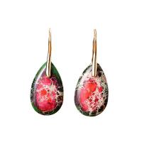 Impression Jasper Drop Earring with Brass Teardrop plated for woman 40mm Sold By Pair