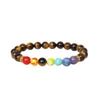 Gemstone Bracelets, Tiger Eye, with Natural Stone & Tibetan Style, Round, gold color plated, vintage & Unisex & radiation protection, mixed colors, 8mm, Length:Approx 7.09 Inch, Sold By PC