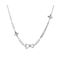 Titanium Steel Necklace with Plastic Pearl & Zinc Alloy with 3.14inch extender chain Bowknot for woman & hollow Length Approx 20.4 Inch Sold By PC