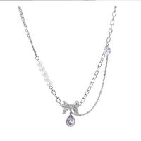Titanium Steel Necklace with zinc alloy pendant & Plastic Pearl with 3.15inch extender chain Bowknot for woman & with rhinestone Length Approx 20.4 Inch Sold By PC