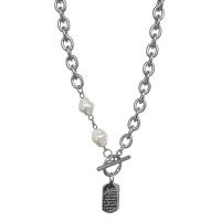 Titanium Steel Necklace, with Plastic Pearl, oval chain & with letter pattern & for woman, Length:Approx 18.1 Inch, Sold By PC