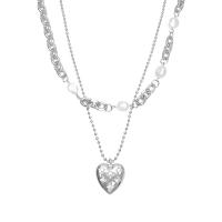 Titanium Steel Necklace, with Tibetan Style pendant & Plastic Pearl, with 1.96inch extender chain, Heart, Double Layer & ball chain & for woman, Length:Approx 16.9 Inch, Approx 18.8 Inch, Sold By PC