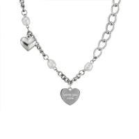 Titanium Steel Necklace with Freshwater Pearl with 2.75inch extender chain Heart with letter pattern & for woman Length Approx 16.1 Inch Sold By PC