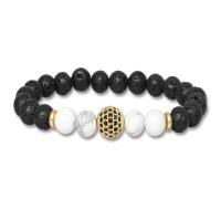 Gemstone Bracelets, Lava, with Howlite & Brass, Round, gold color plated, Unisex & radiation protection & micro pave cubic zirconia, black, 8mm, Length:Approx 7.09 Inch, Sold By PC