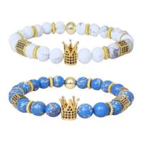 Fashion Turquoise Bracelets, Natural Turquoise, with Brass, Round, gold color plated, Unisex & micro pave cubic zirconia, more colors for choice, 8mm, Length:Approx 7.09 Inch, Sold By PC