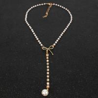 Plastic Pearl Necklace, Tibetan Style, with Plastic Pearl, with 2.5Inch extender chain, for woman & with rhinestone, golden, nickel, lead & cadmium free, 100mm, Length:Approx 15.7 Inch, Sold By PC