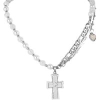 Zinc Alloy Jewelry Necklace with Glass Pearl with 2.36inch extender chain Cross plated fashion jewelry & for woman Length Approx 15.7 Inch Sold By PC