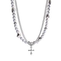 Titanium Steel Necklace, with Tibetan Style pendant & Plastic Pearl, with 1.96inch extender chain, Cross, plated, Double Layer & Unisex, Length:Approx 16.1 Inch, Sold By PC