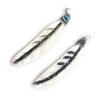 Shell Pendants, Freshwater Shell, with Rhinestone Clay Pave & Tibetan Style, Leaf, white, 16x75mm, Sold By PC