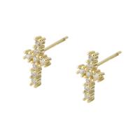 Cubic Zirconia Micro Pave Brass Earring, Cross, gold color plated, fashion jewelry & micro pave cubic zirconia & for woman, golden, 6x11x14mm, 10Pairs/Lot, Sold By Lot